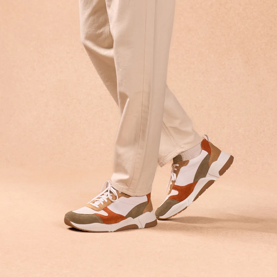white, orange and khaki leather sneakers for men
