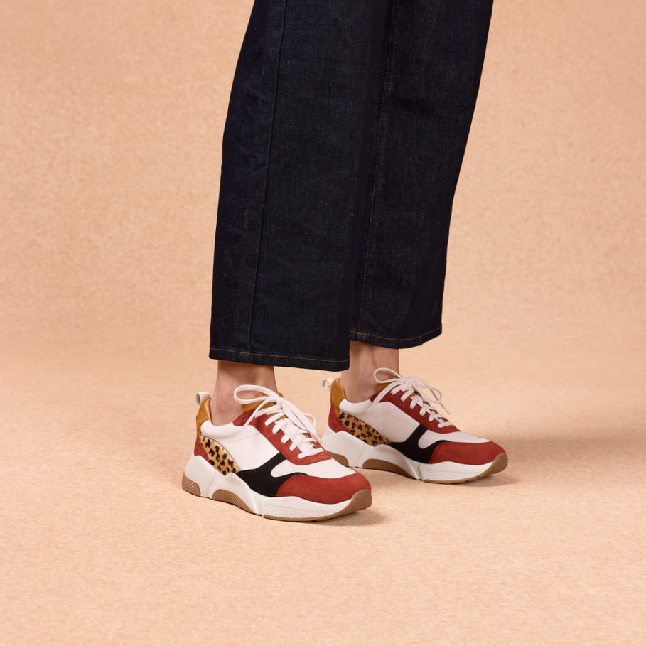 red and leopard suede sneakers for women