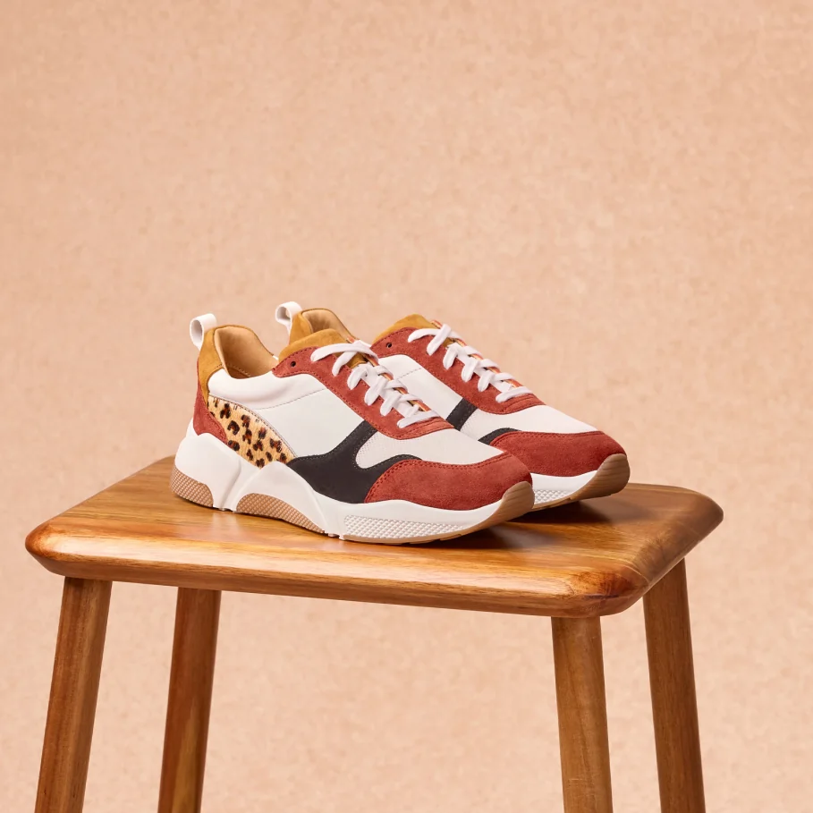 red and leopard suede sneakers for women